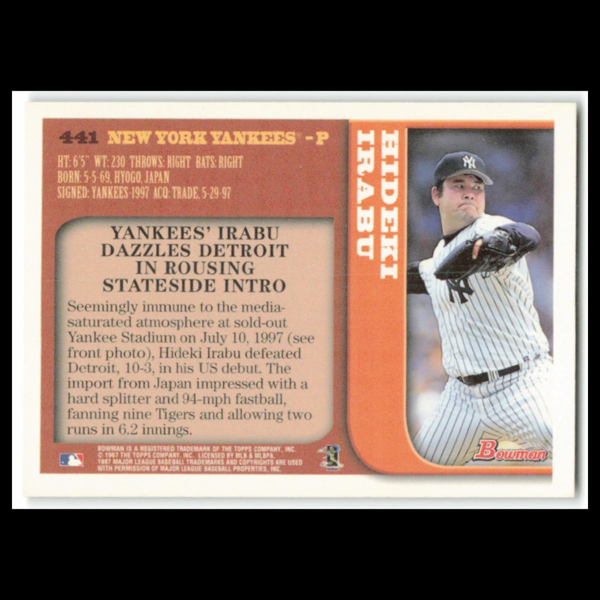 Hideki Irabu #441 1997 Bowman New York Yankees Baseball Card MLB NM