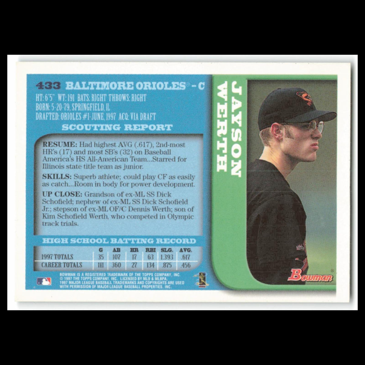 Jayson Werth Rookie #433 1997 Bowman Baltimore Orioles Baseball Card MLB NM