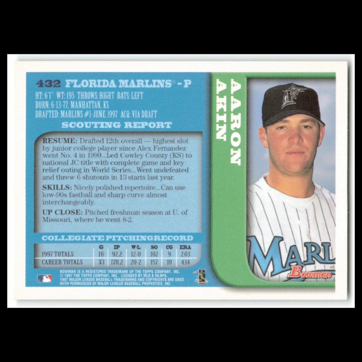 Aaron Akin Rookie #292 1997 Bowman Florida Marlins Baseball Card MLB NM