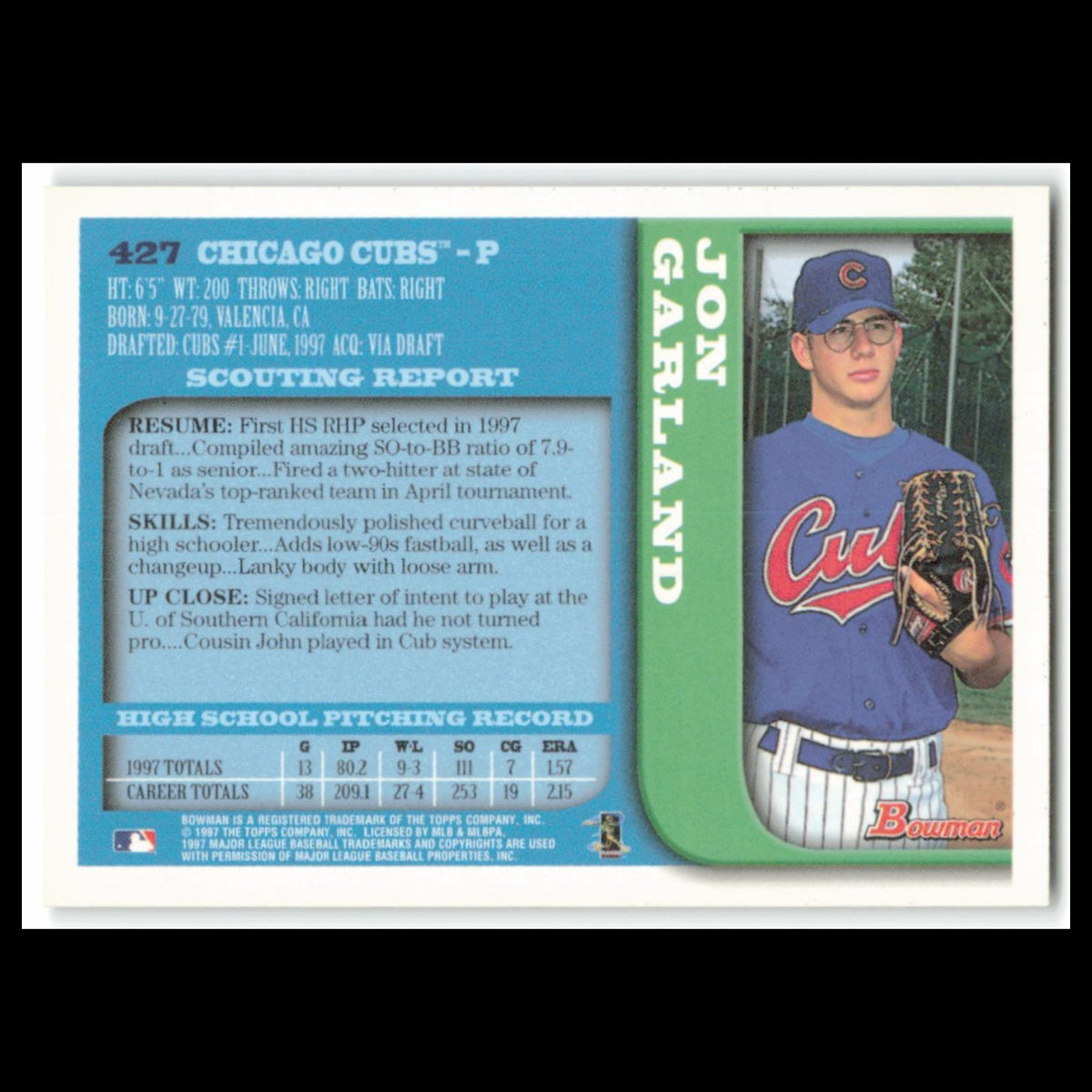 Jon Garland Rookie #427 1997 Bowman Chicago Cubs Baseball Card MLB NM