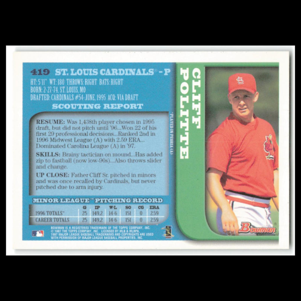 Cliff Politte Rookie #419 1997 Bowman St. Louis Cardinals Baseball Card MLB NM
