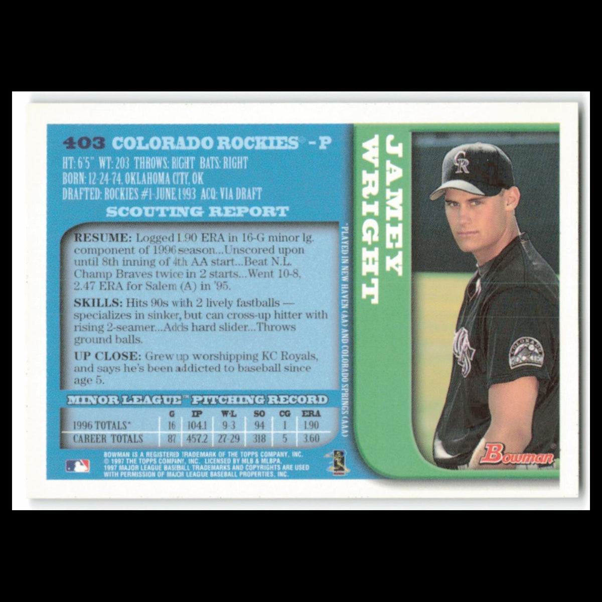 Jamey Wright #403 1997 Bowman Colorado Rockies Baseball Card MLB NM