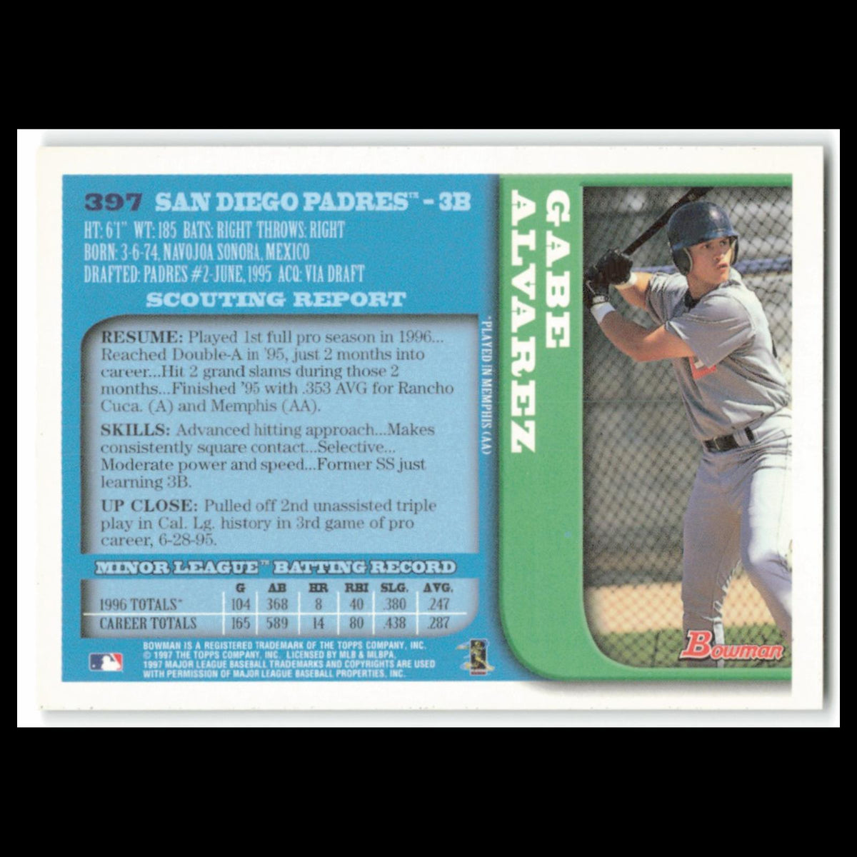 Gabe Alvarez #397 1997 Bowman San Diego Padres Baseball Card MLB NM