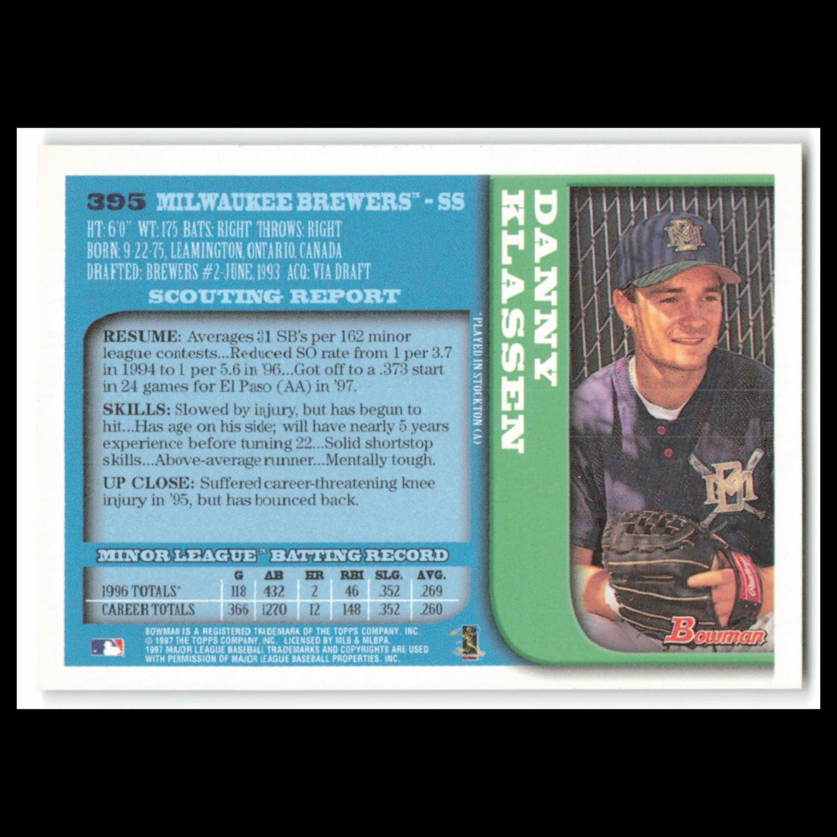 Danny Klassen #395 1997 Bowman Milwaukee Brewers Baseball Card MLB NM