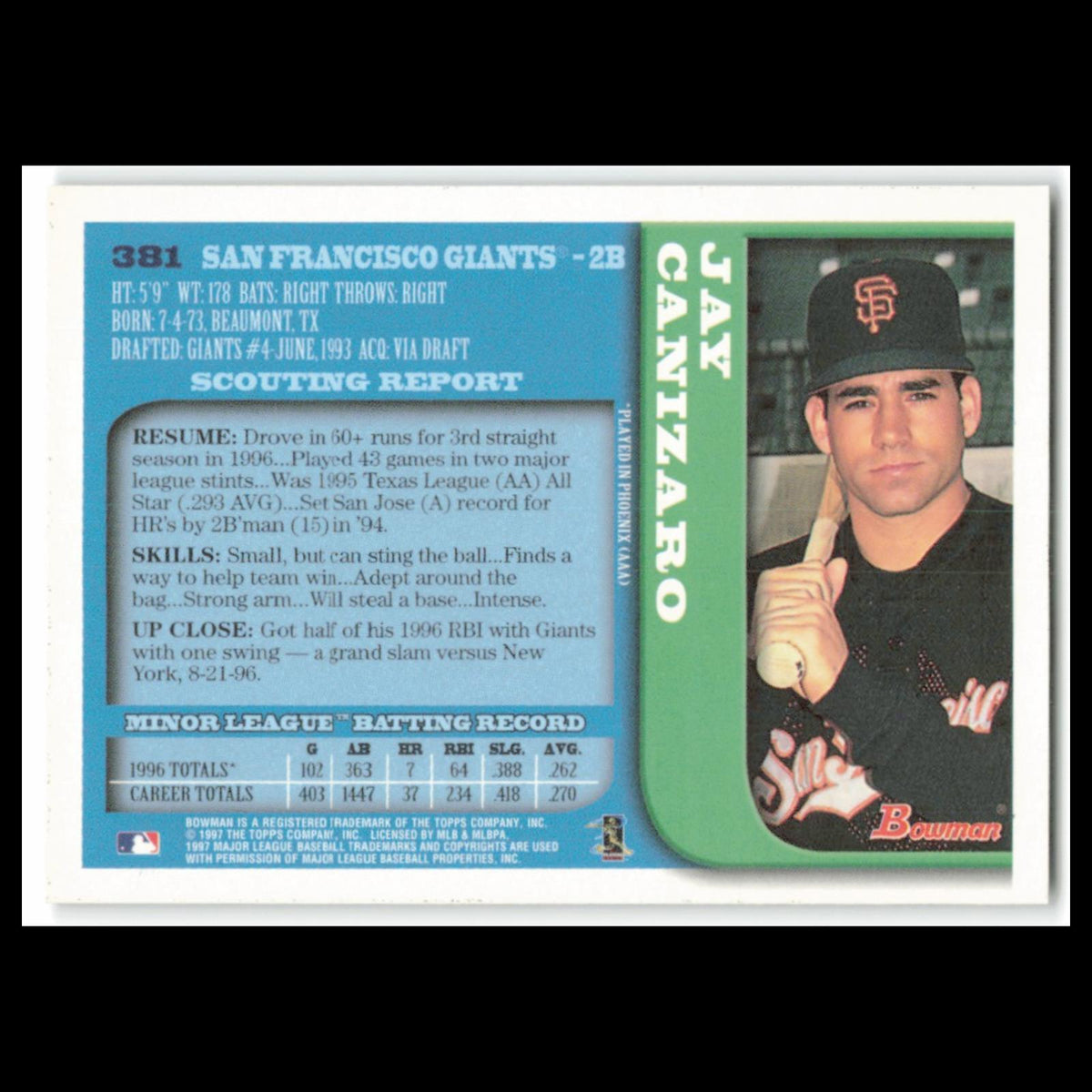 Jay Canizaro #381 1997 Bowman San Francisco Giants Baseball Card MLB NM