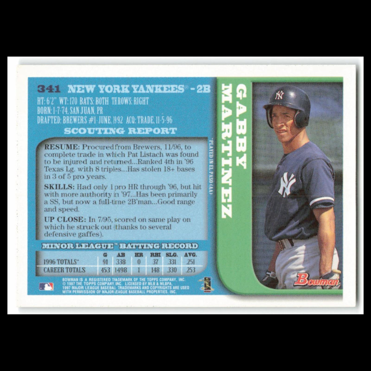Gabby Martinez #341 1997 Bowman New York Yankees Baseball Card MLB NM