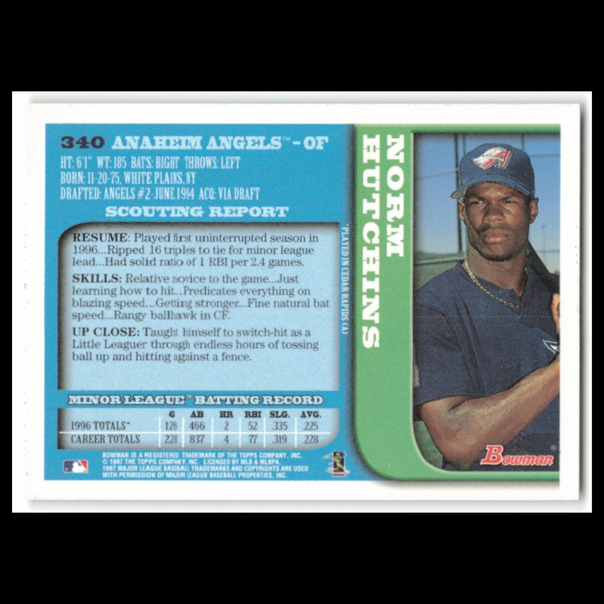 Norm Hutchins #340 1997 Bowman Anaheim Angels Baseball Card MLB NM