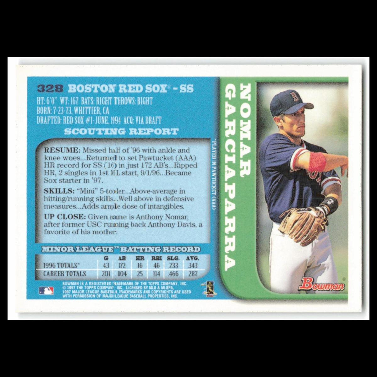 Nomar Garciaparra #328 1997 Bowman Boston Red Sox Baseball Card MLB NM