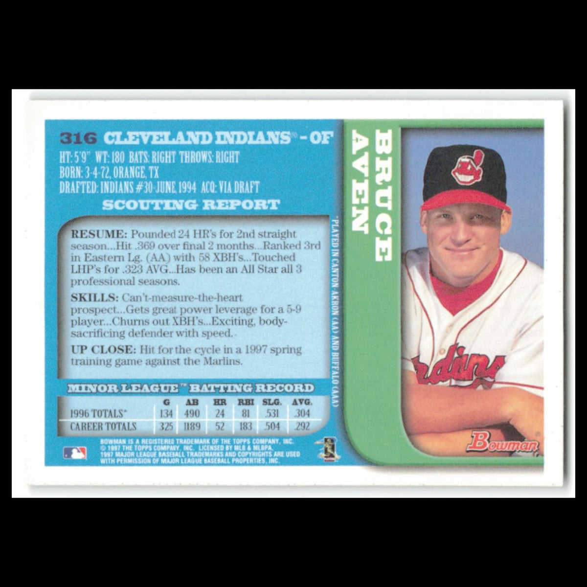Bruce Aven #316 1997 Bowman Cleveland Indians Baseball Card MLB NM