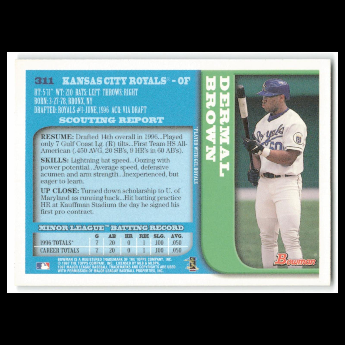 Dermal Brown Rookie #311 1997 Bowman Kansas City Royals Baseball Card MLB NM