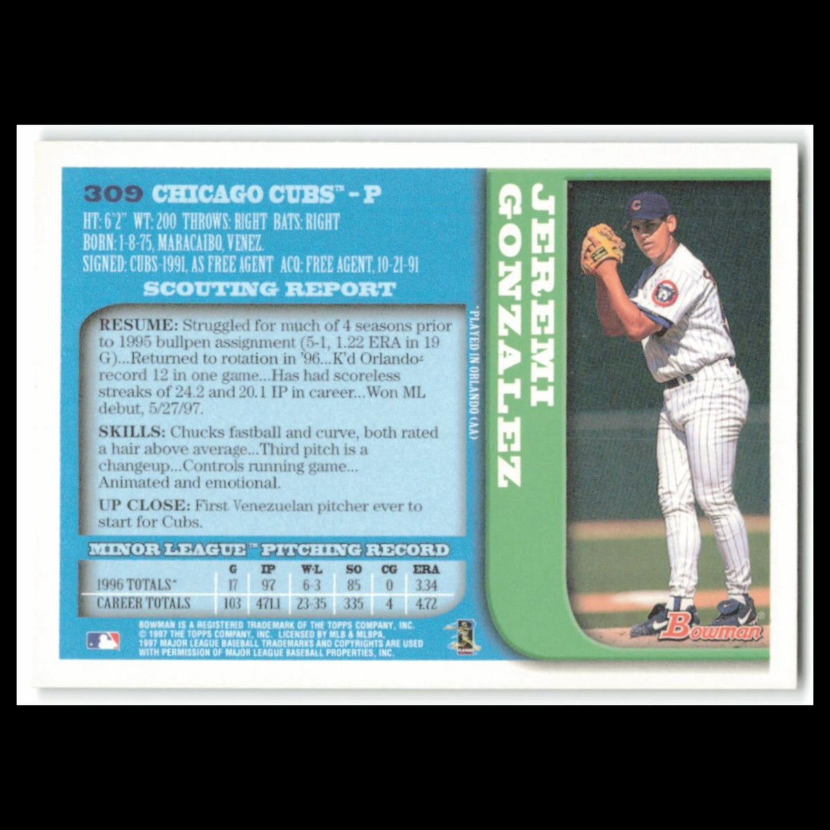 Jeremi Gonzalez Rookie #309 1997 Bowman Chicago Cubs Baseball Card MLB NM