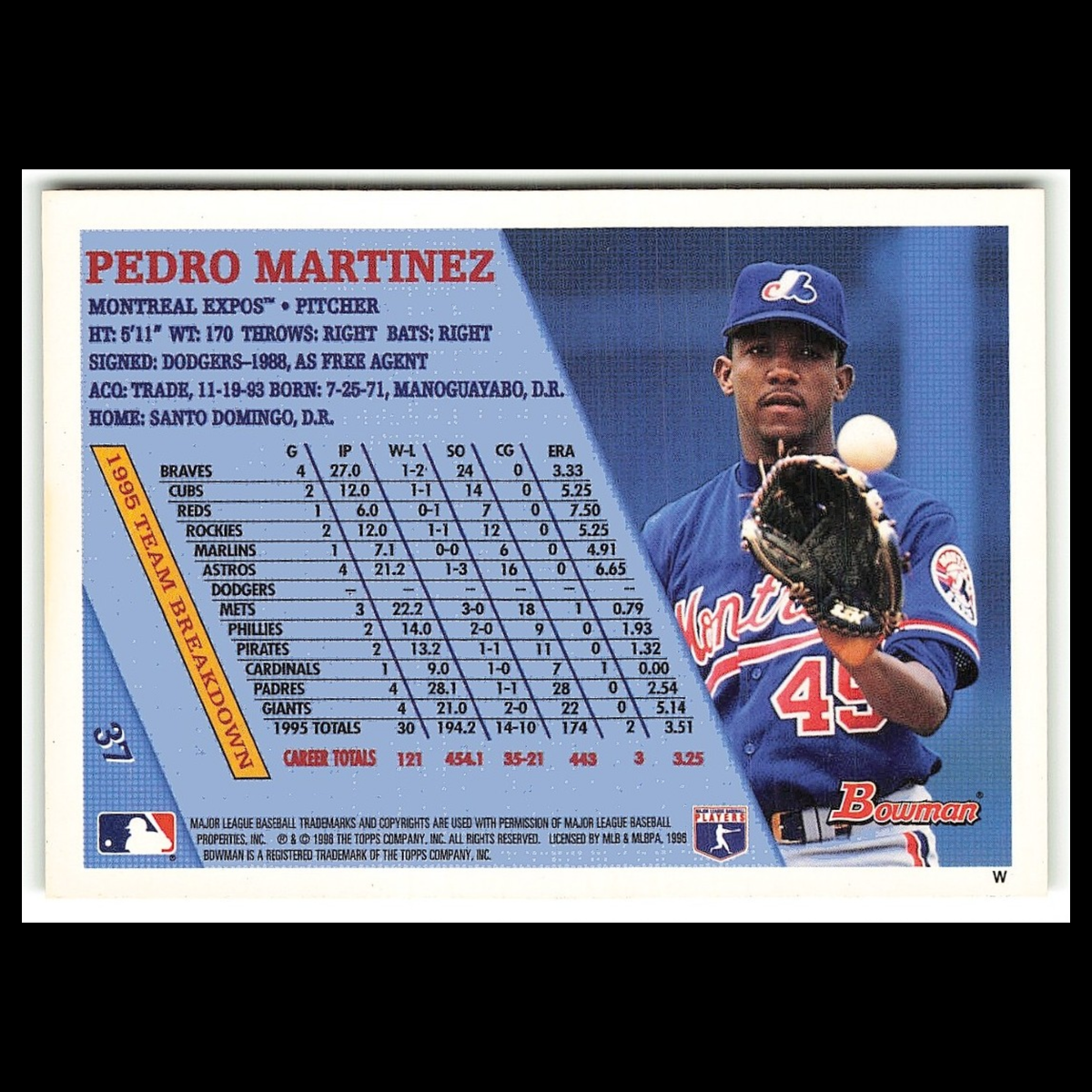Pedro Martinez #37 1996 Bowman Boston Red Sox Baseball Card MLB NM