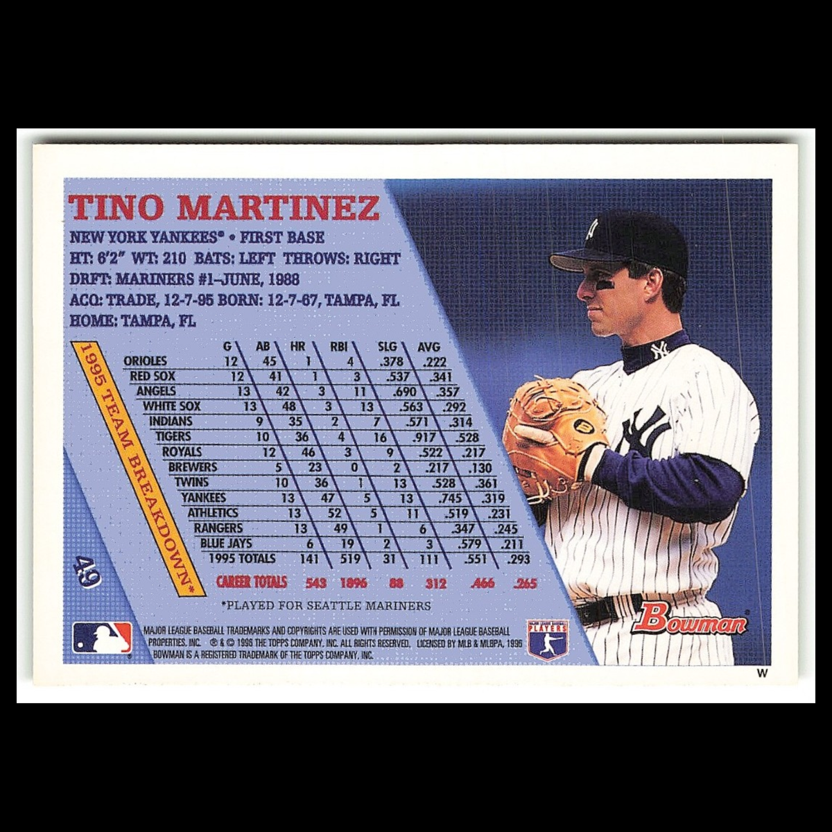 Tino Martinez #49 1996 Bowman New York Yankees Baseball Card MLB NM