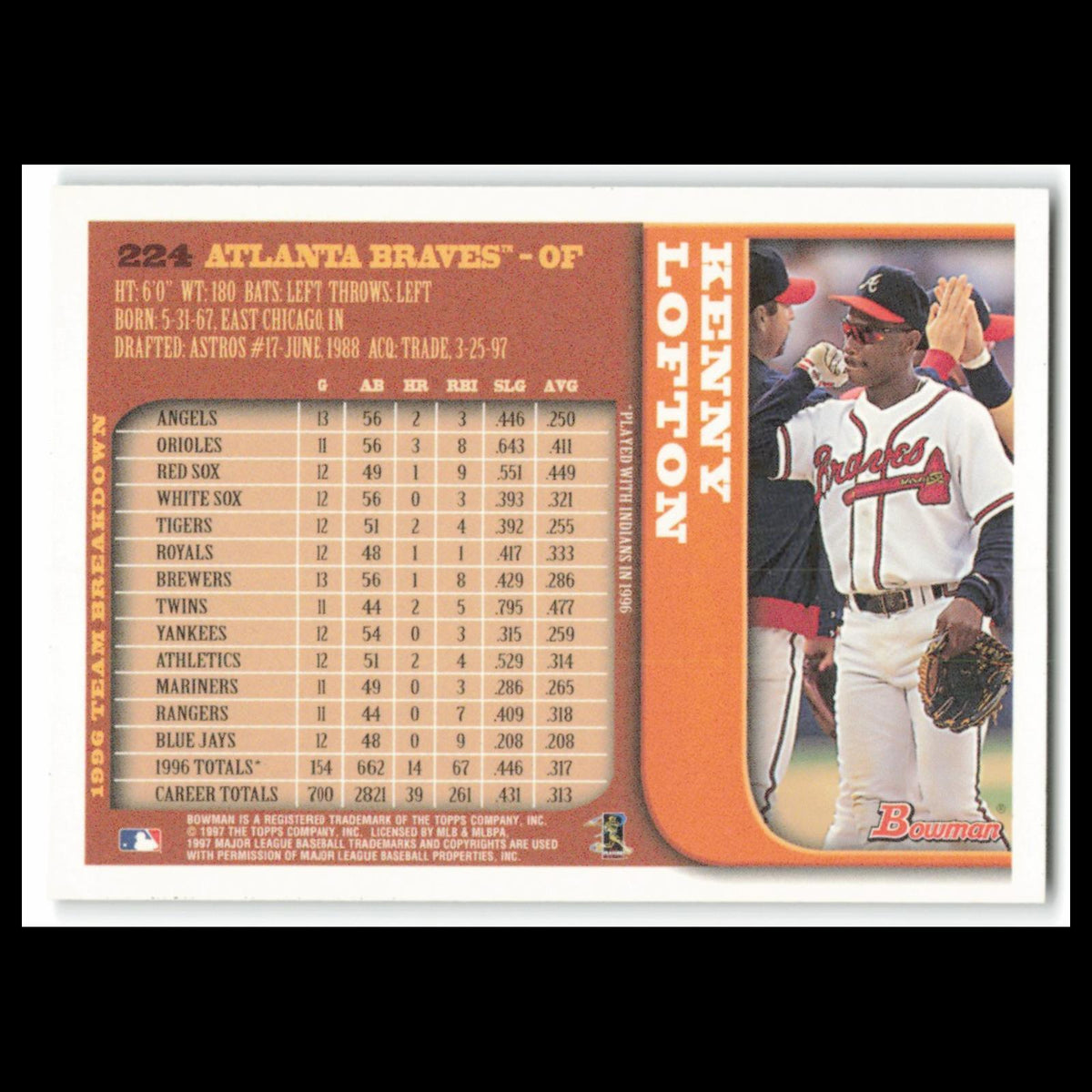 Kenny Lofton #224 1997 Bowman Atlanta Braves Baseball Card MLB NM