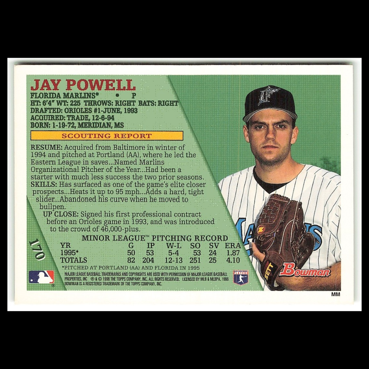 Jay Powell Rookie #170 1996 Bowman Florida Marlins Baseball Card MLB NM
