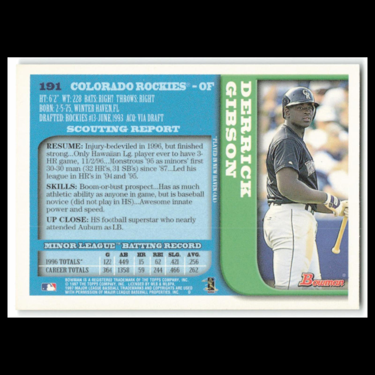 Derrick Gibson #191 1997 Bowman Colorado Rockies Baseball Card MLB NM