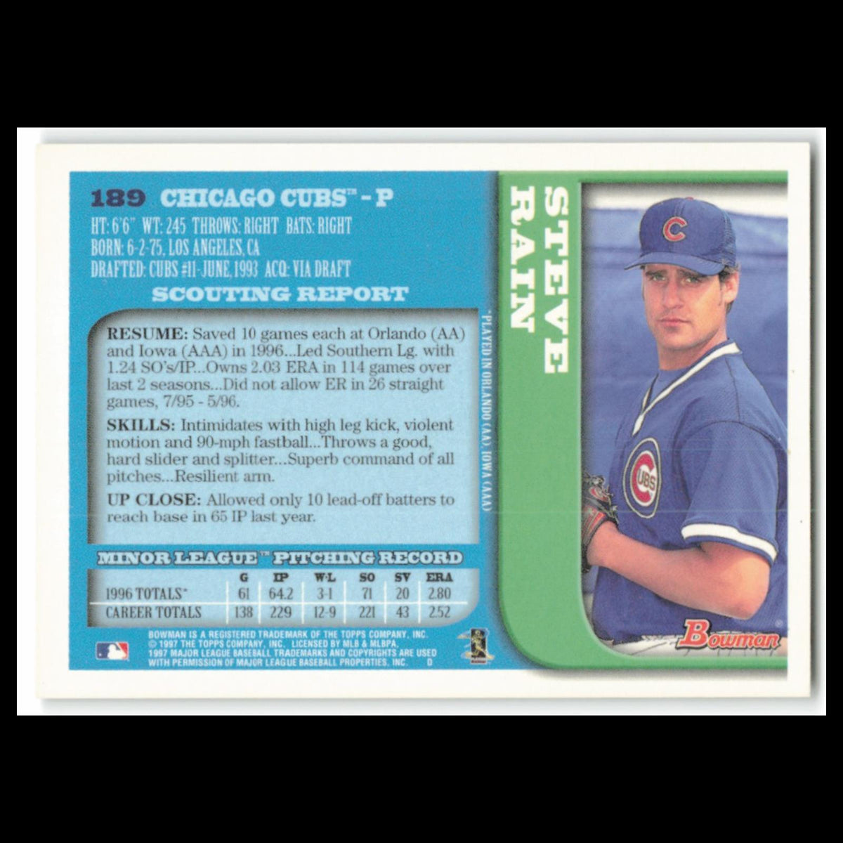 Steve Rain Rookie #189 1997 Bowman Chicago Cubs Baseball Card MLB NM
