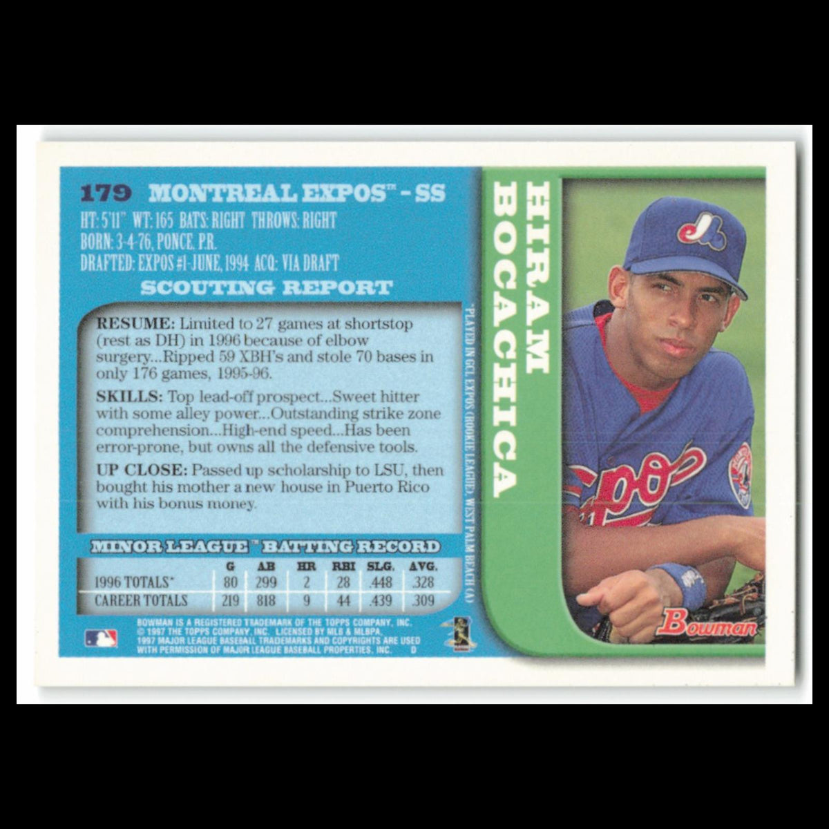 Hiram Bocachica Rookie #179 1997 Bowman Montreal Expos Baseball Card MLB NM