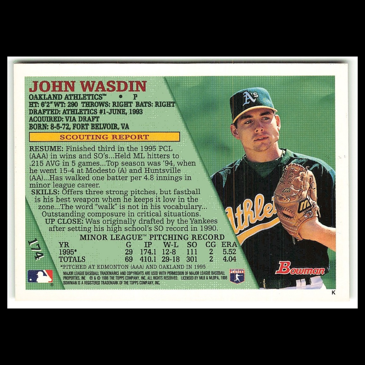 John Wasdin Rookie #174 1996 Bowman Oakland Athletics Baseball Card MLB NM
