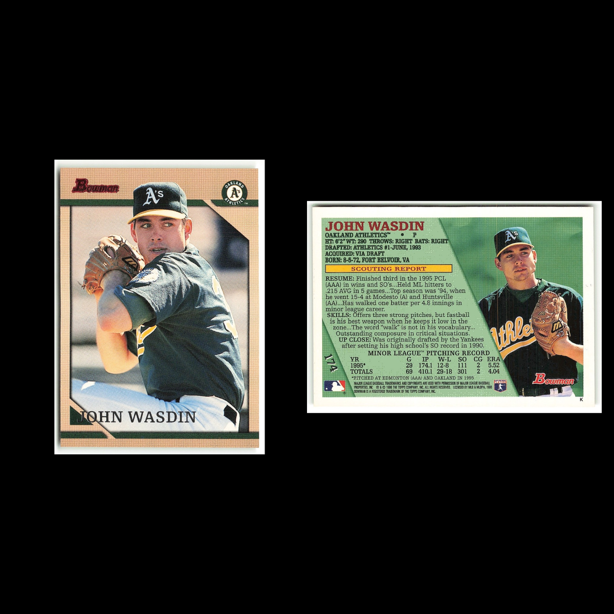 John Wasdin Rookie #174 1996 Bowman Oakland Athletics Baseball Card MLB NM