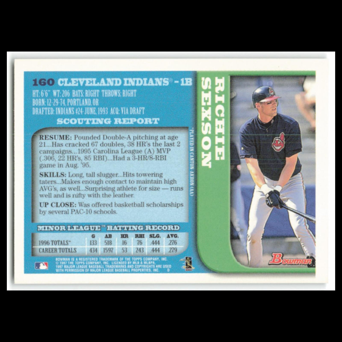 Richie Sexson #160 1997 Bowman Cleveland Indians Baseball Card MLB NM