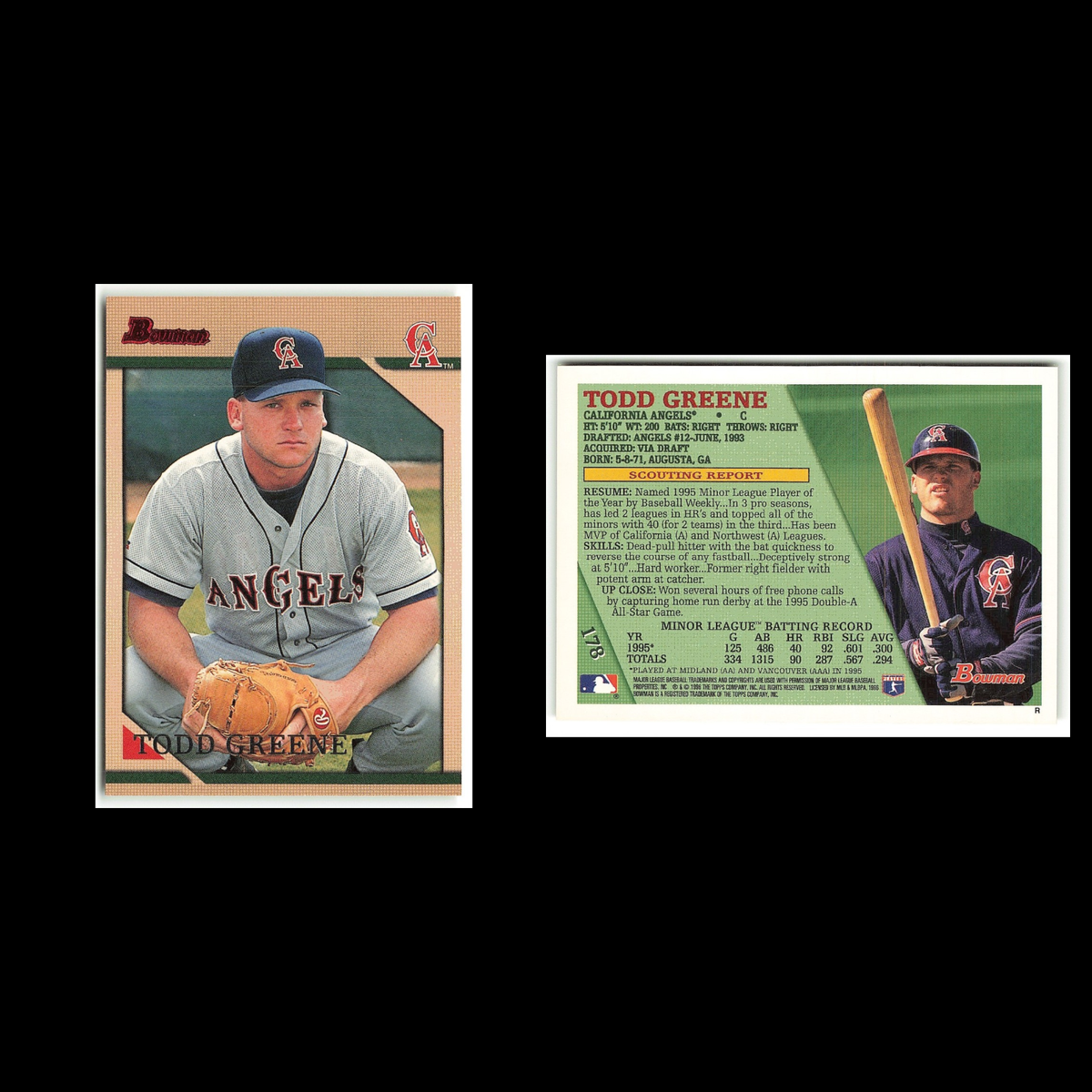 Todd Greene Rookie #178 1996 Bowman California Angels Baseball Card MLB NM