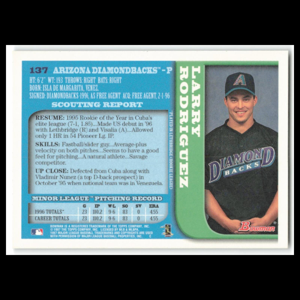 Larry Rodriguez Rookie #137 1997 Bowman Arizona Diamondbacks Baseball Card MLB