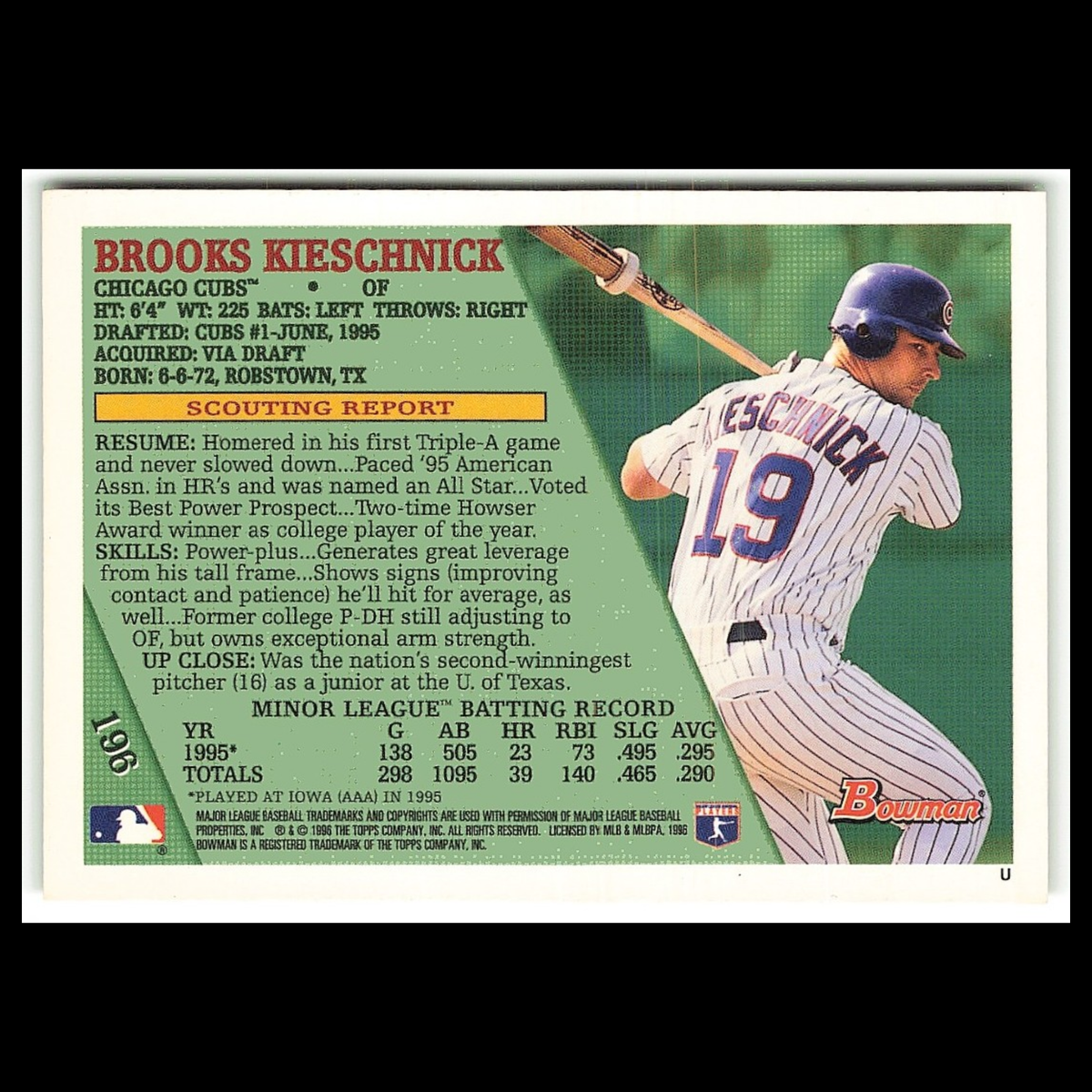 Brooks Kieschnick Rookie #196 1996 Bowman Chicago Cubs Baseball Card MLB NM