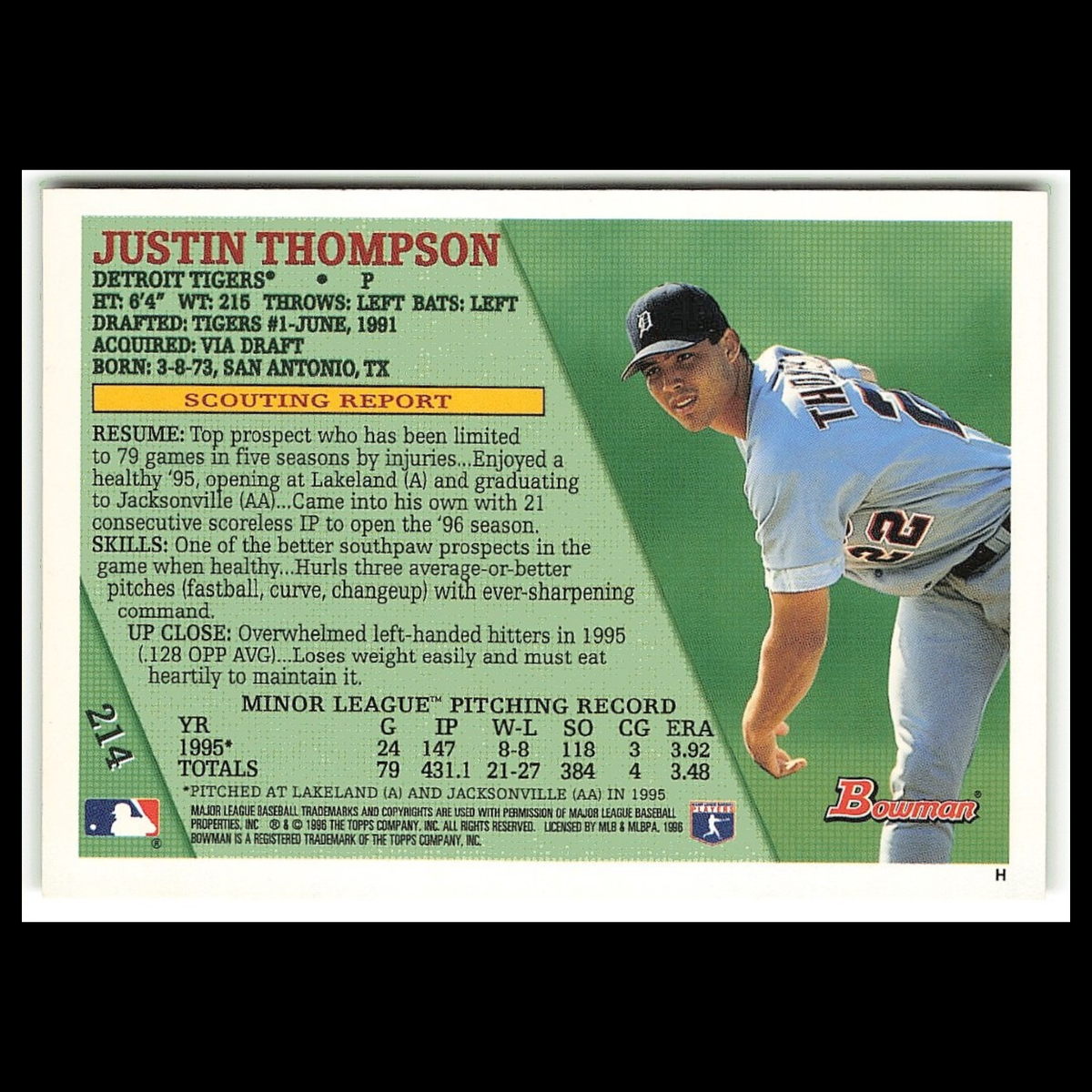 Justin Thompson Rookie #214 1996 Bowman Detroit Tigers Baseball Card MLB NM