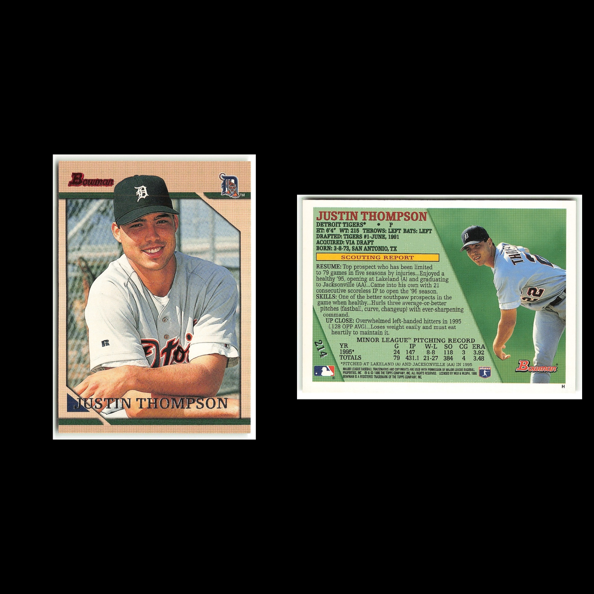 Justin Thompson Rookie #214 1996 Bowman Detroit Tigers Baseball Card MLB NM