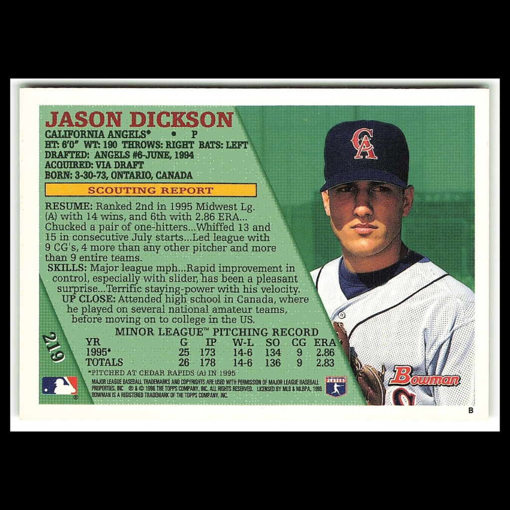 Jason Dickson Rookie #219 1996 Bowman California Angels Baseball Card MLB NM