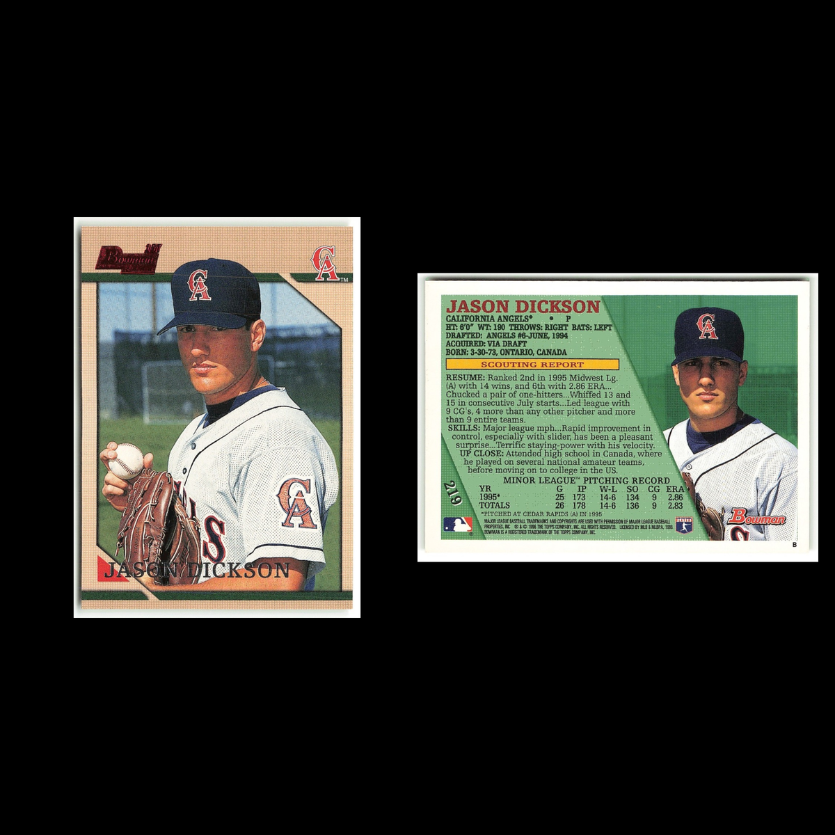 Jason Dickson Rookie #219 1996 Bowman California Angels Baseball Card MLB NM