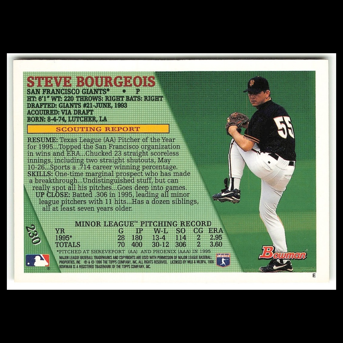 Steve Bourgeois Rookie #230 1996 Bowman San Francisco Giants Baseball Card MLB