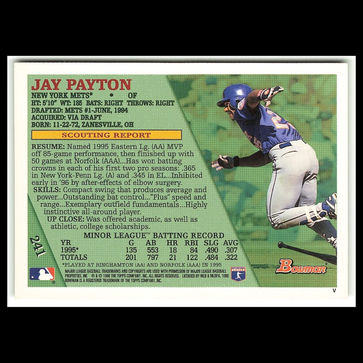 Jay Payton Rookie #241 1996 Bowman New York Mets Baseball Card MLB NM