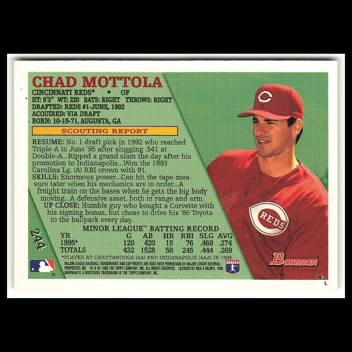 Chad Mottola Rookie #244 1996 Bowman Cincinnati Reds Baseball Card MLB NM