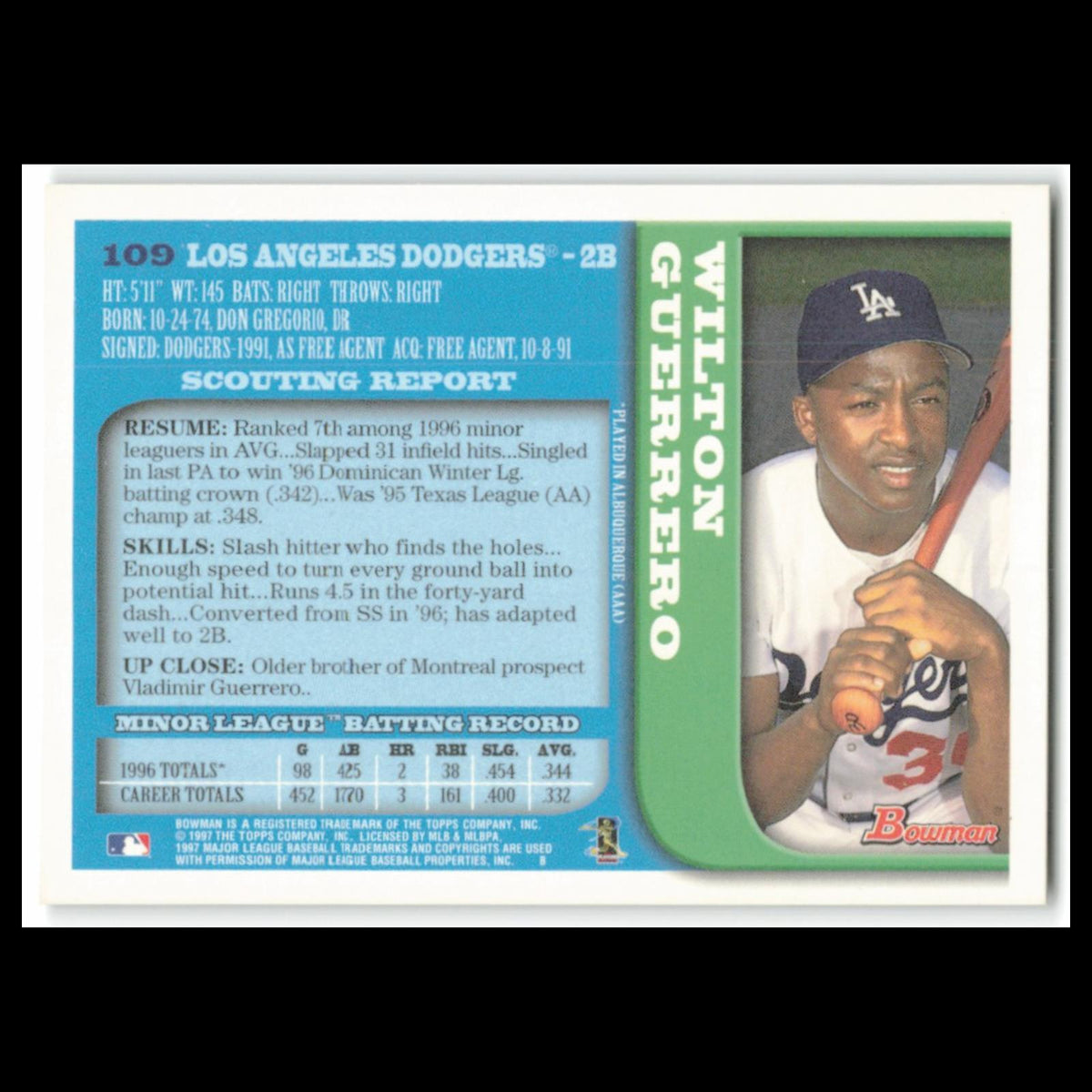 Wilton Guerrero #109 1997 Bowman Los Angeles Dodgers Baseball Card MLB NM