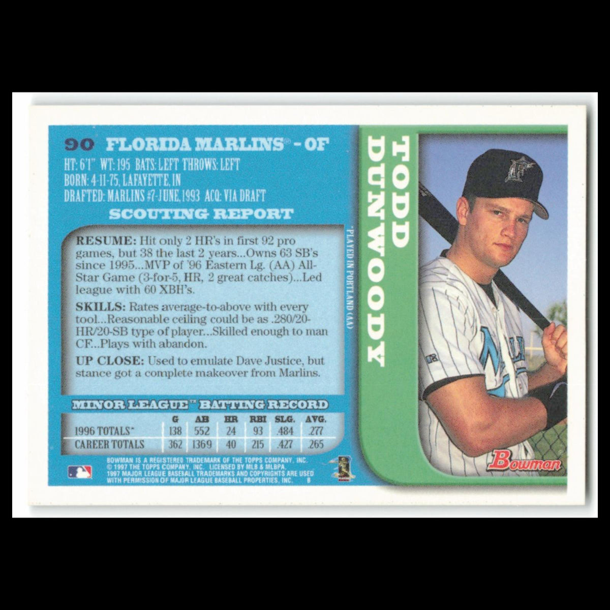 Todd Dunwoody #90 1997 Bowman Florida Marlins Baseball Card MLB NM
