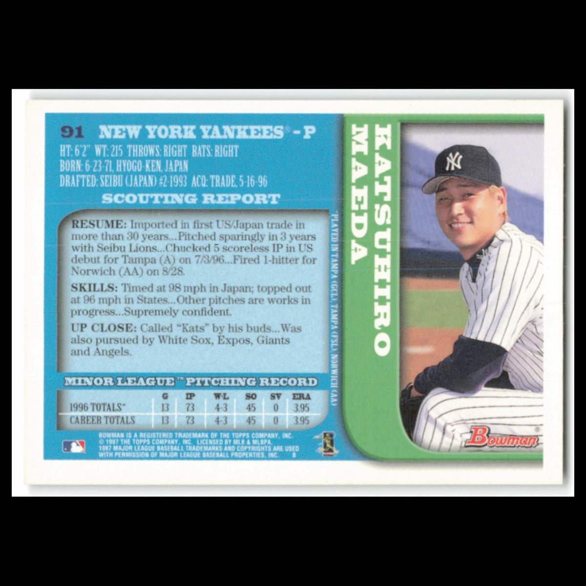 Katsuhiro Maeda #91 1997 Bowman New York Yankees Baseball Card MLB NM