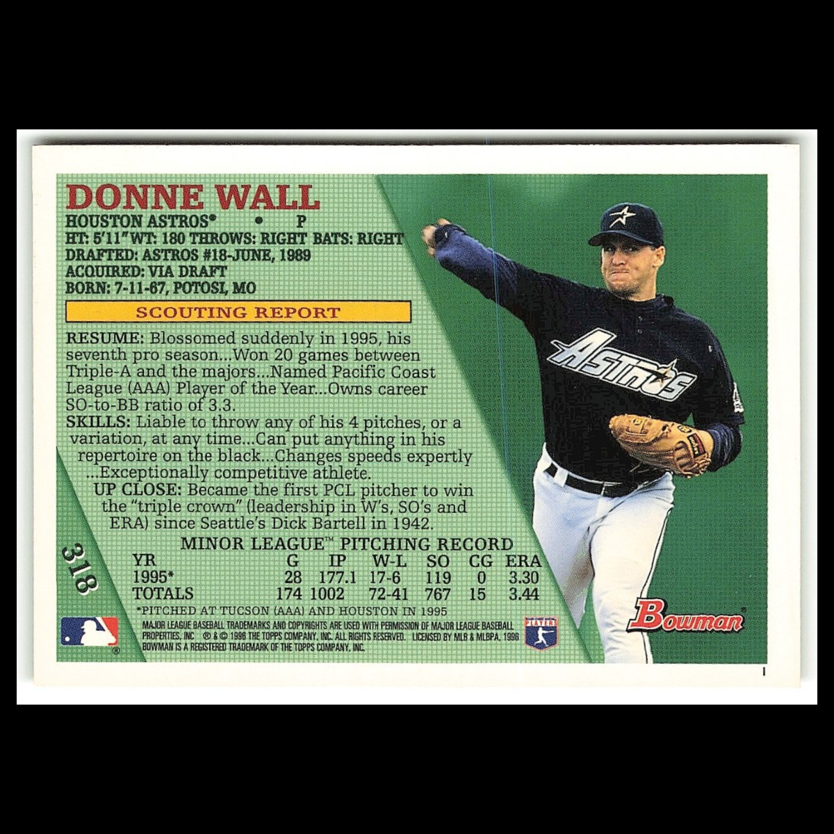 Donne Wall Rookie #318 1996 Bowman Houston Astros Baseball Card MLB NM