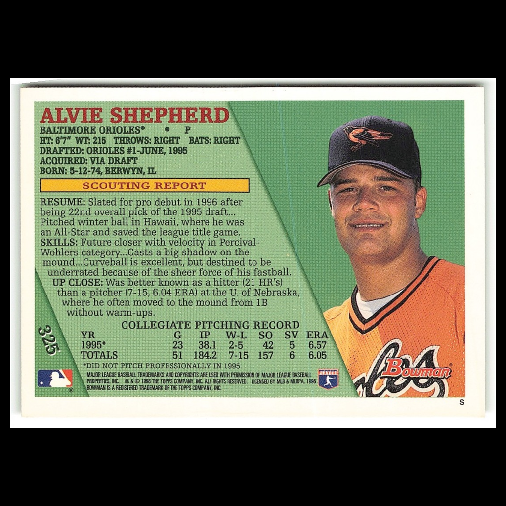 Alvie Shepherd Rookie #325 1996 Bowman Baltimore Orioles Baseball Card MLB NM