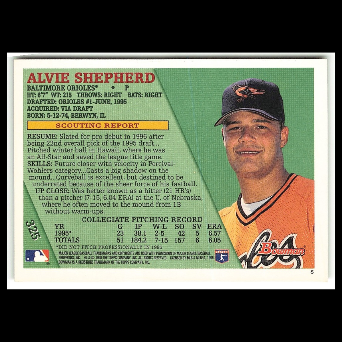 Alvie Shepherd Rookie #325 1996 Bowman Baltimore Orioles Baseball Card MLB NM