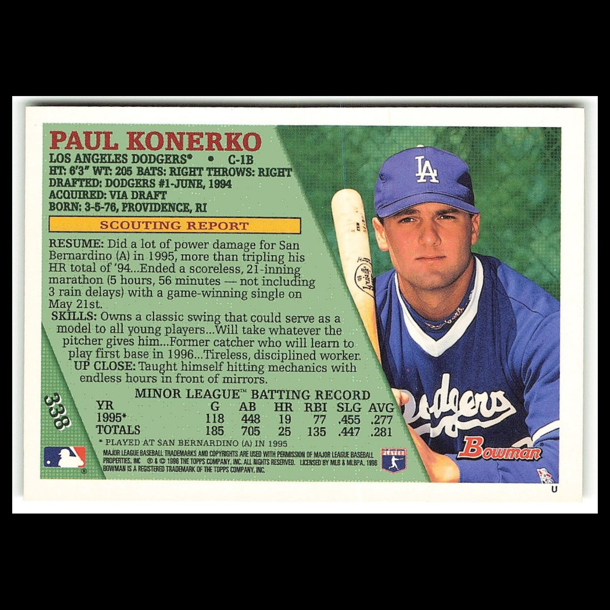 Paul Konerko Rookie #338 1996 Bowman Los Angeles Dodgers Baseball Card MLB NM