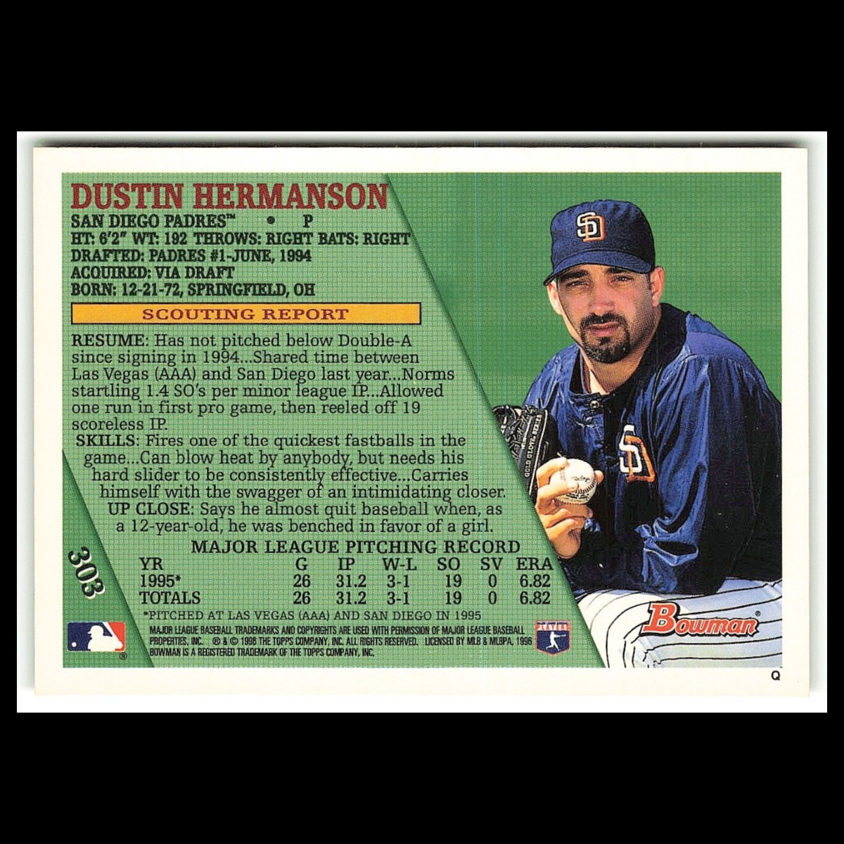 Dustin Hermanson Rookie #303 1996 Bowman San Diego Padres Baseball Card MLB NM