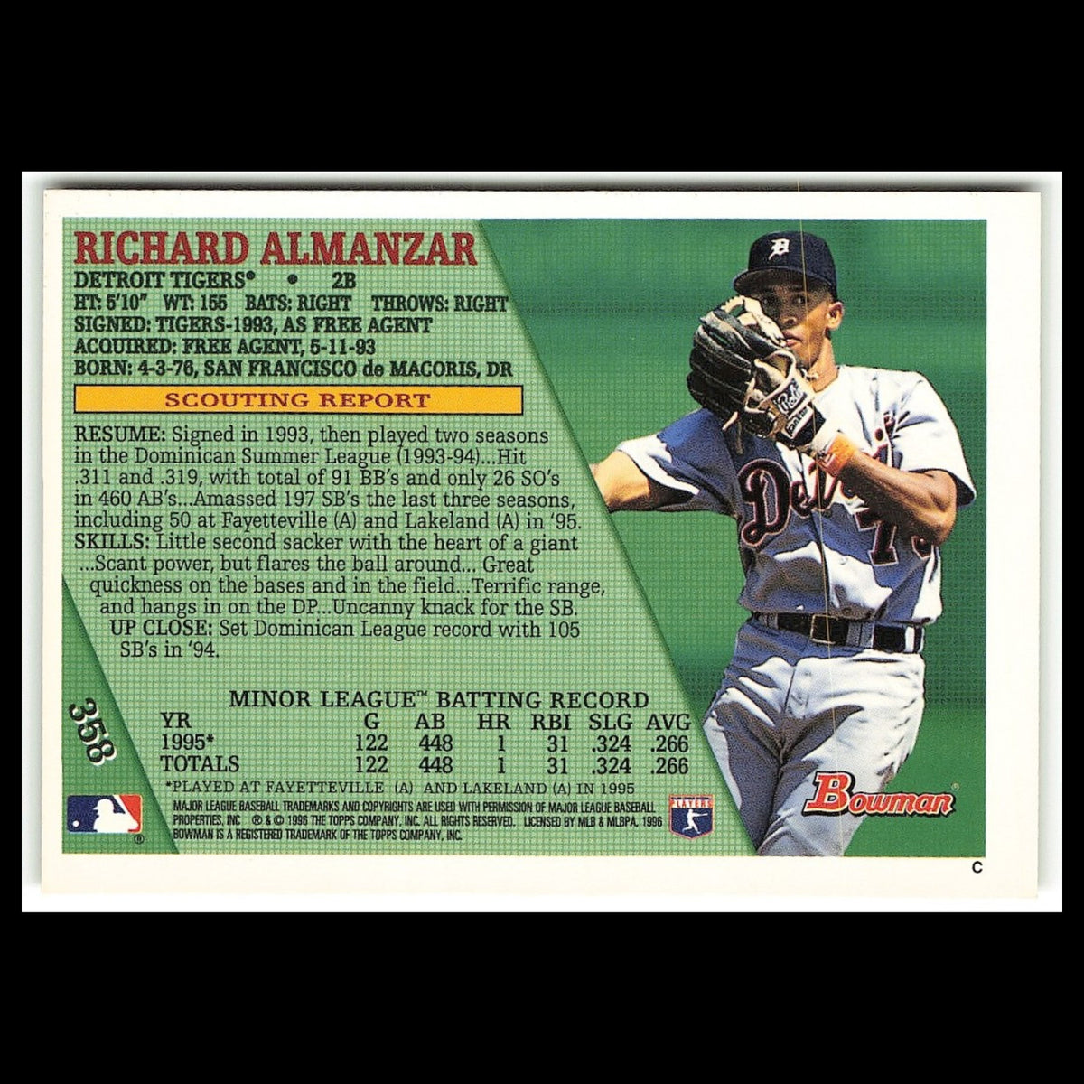 Richard Almanzar Rookie #358 1996 Bowman Detroit Tigers Baseball Card MLB NM