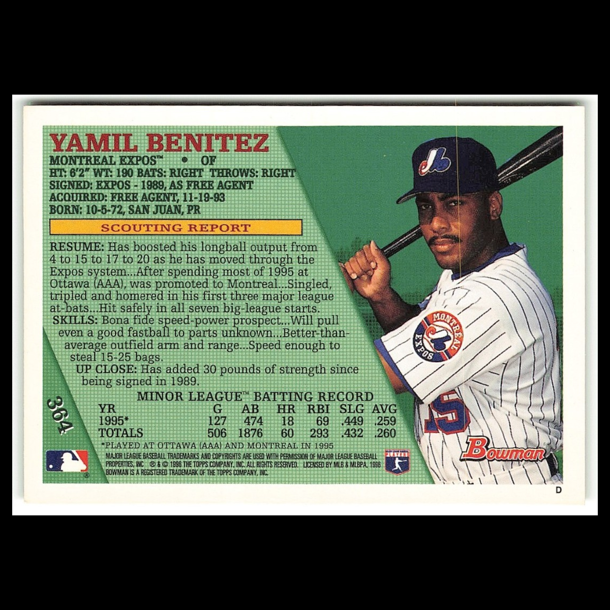 Yawil Benitez Rookie #364 1996 Bowman Montreal Expos Baseball Card MLB NM