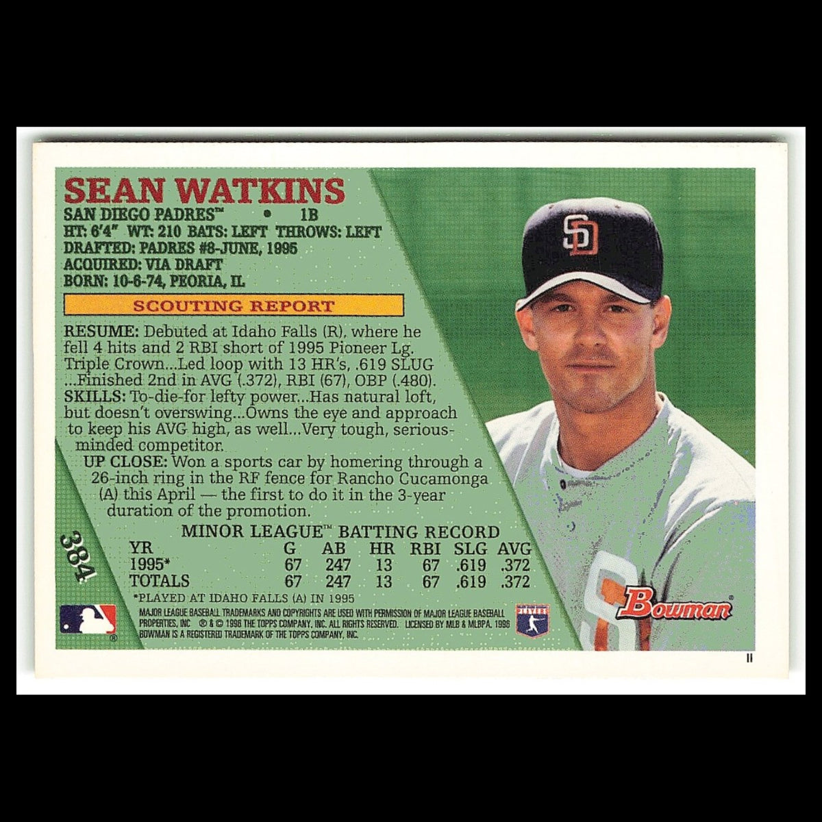Sean Watkins Rookie #384 1996 Bowman San Diego Padres Baseball Card MLB NM