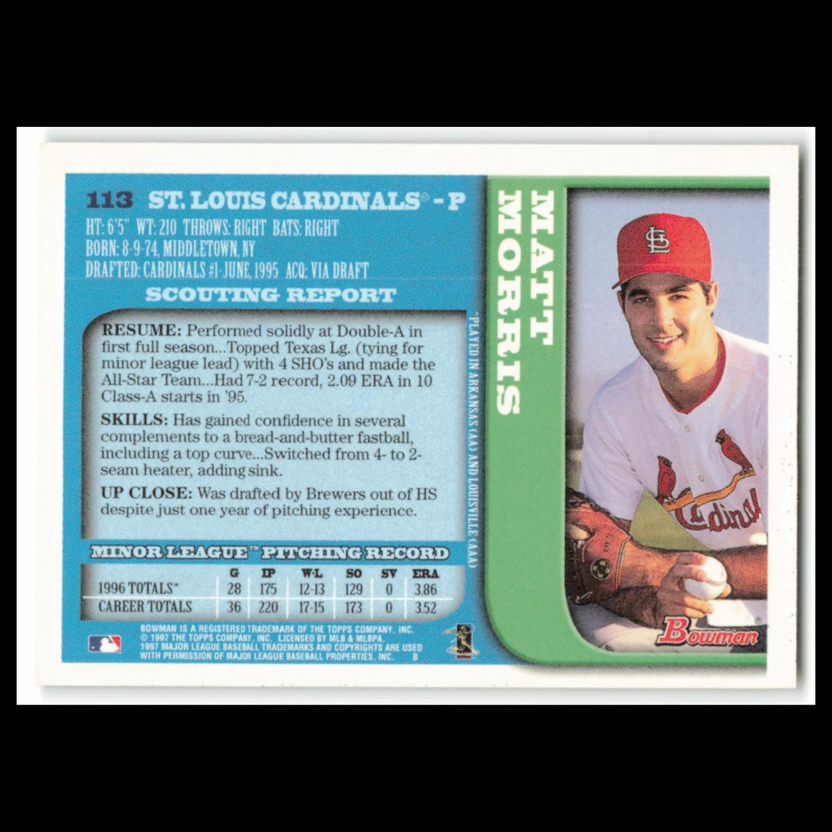 Matt Morris #113 1997 Bowman St. Louis Cardinals Baseball Card MLB NM