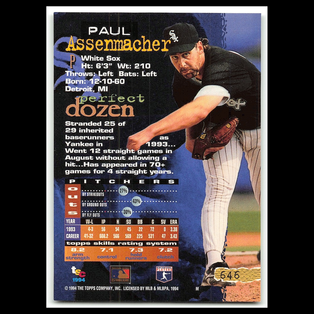 Paul Assenmacher #646 1994 Topps Stadium Club Chicago White Sox Baseball Card NM