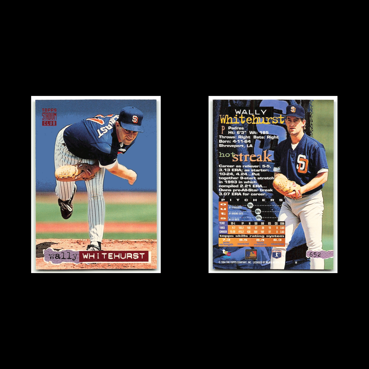 Wally Whitehurst #652 1994 Topps Stadium Club San Diego Padres Baseball Card MLB