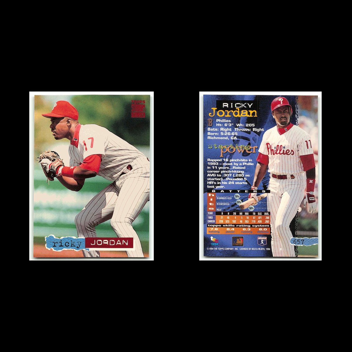 Ricky Jordan #657 1994 Topps Stadium Club Philadelphia Phillies Baseball Card NM